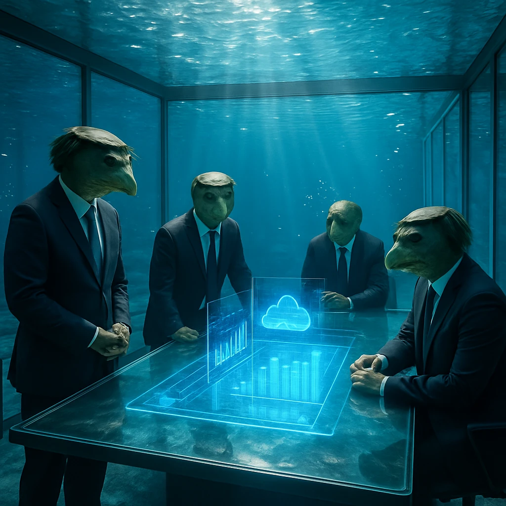 水中のガラス張り会議室で、スーツ姿の河童たちがデジタルホログラフを囲んで会議をしている様子。