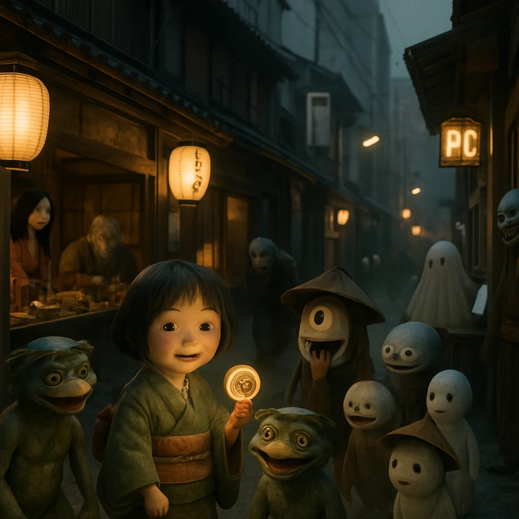 座敷童子が光るお化けコインを手に、妖怪や幽霊たちと賑わう幻想的な日本の商店街の夕景。
