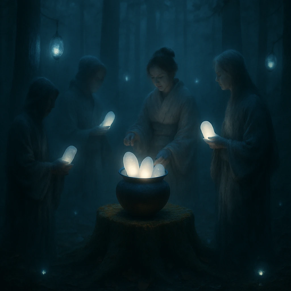 幻想的な森の中で、幽霊たちが卵型のスマホ抜け殻を器に納める様子を捉えた写真風画像。