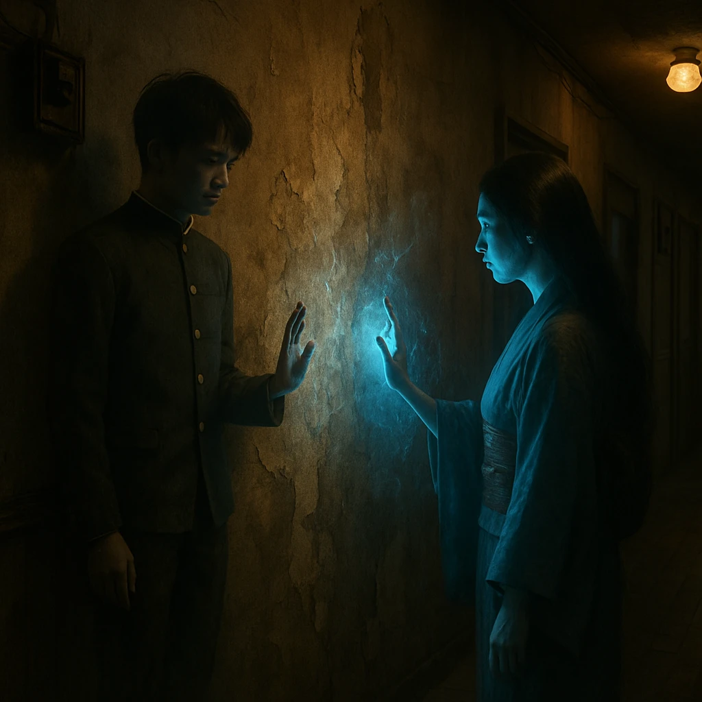 古びたアパートの暗い廊下で壁越しに手を当て、淡く発光した幽霊の男女が感情を交わしている様子。