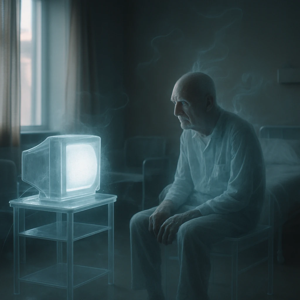 薄暗い現代風の老人ホームの一室で、透明で寂しげな高齢の幽霊が一人、クリスタルテレビを見つめている様子。