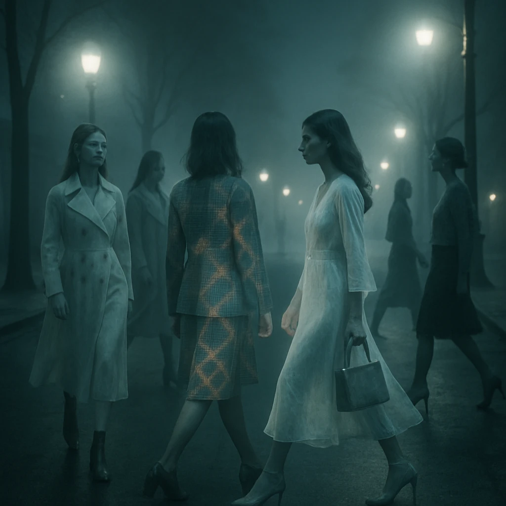 霧がかった夜の幽霊通りで、半透明の幽霊たちがファッショナブルな服で交差し合う幻想的な光景。
