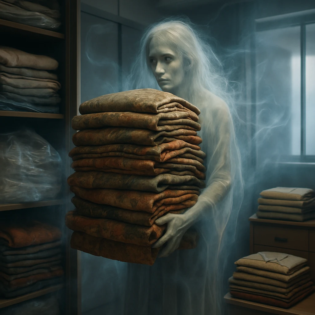 幽霊が着物の山を抱え、霧の漂う部屋で衣類を圧縮している様子。