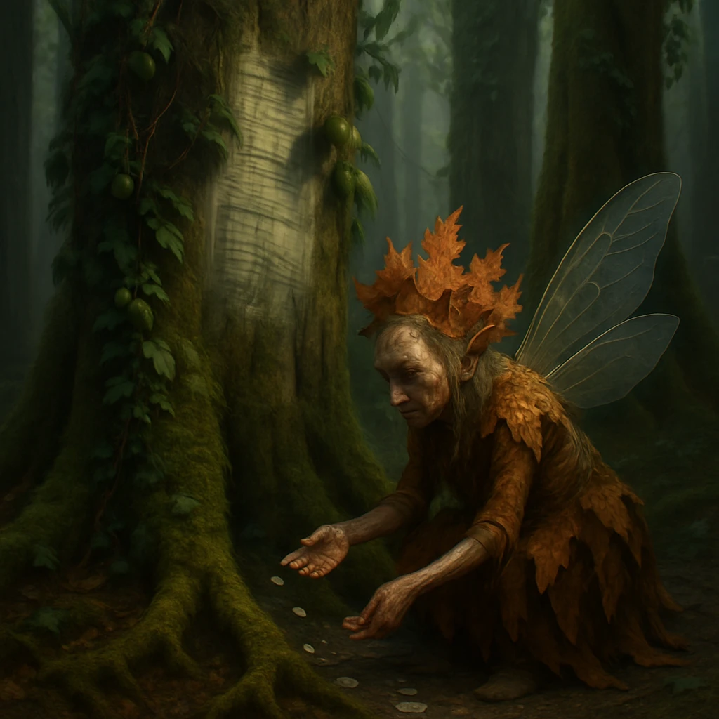 幽谷歳入林で枯れ葉妖精が木の根元に種をまき、木々の幹を絡む蔓や光る果実が幻想的に広がる様子。