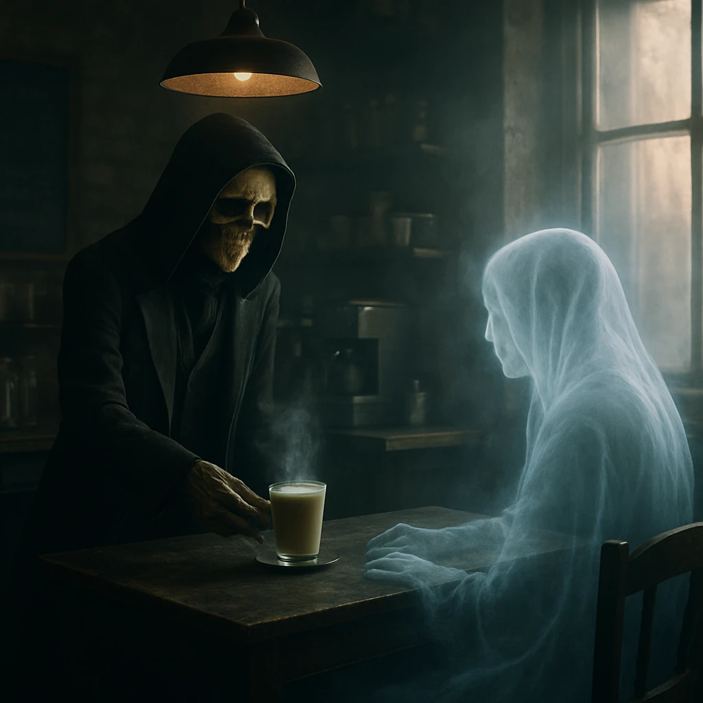 死神のバリスタが幽霊の客に透明なラテを提供している薄暗いカフェの写真風イメージ。