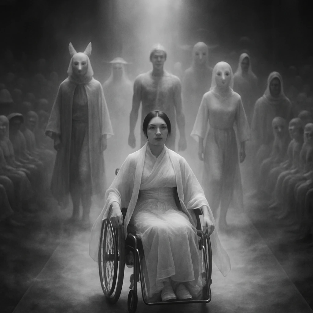 幽界のファッションパレードで、車椅子の女性幽霊が改良和装をまとい他の多様な幽霊たちと共にランウェイを進む様子の写真風イメージ。