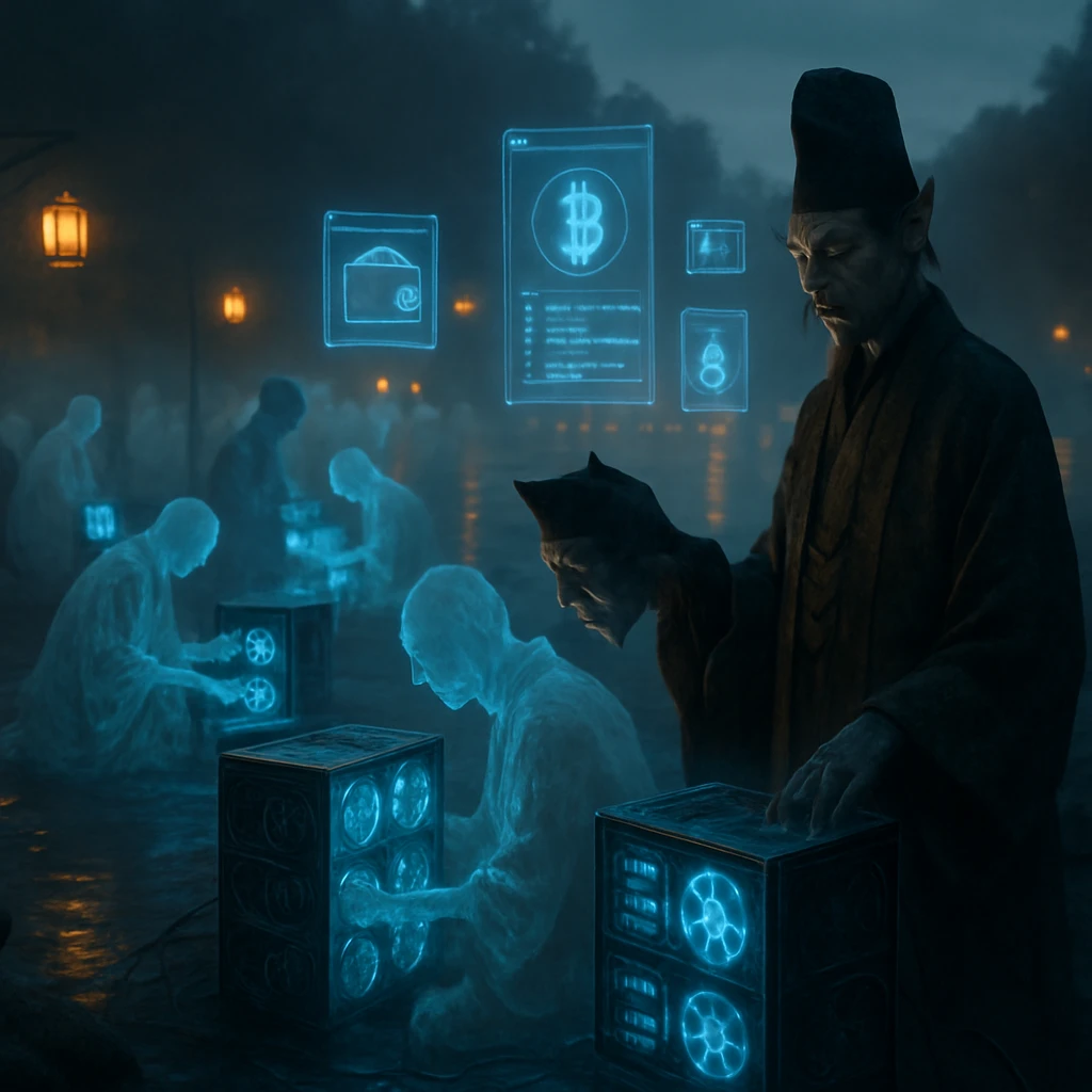 三途の川の河原で、幽霊たちが最先端の仮想通貨採掘装置を操作している幻想的な光景。