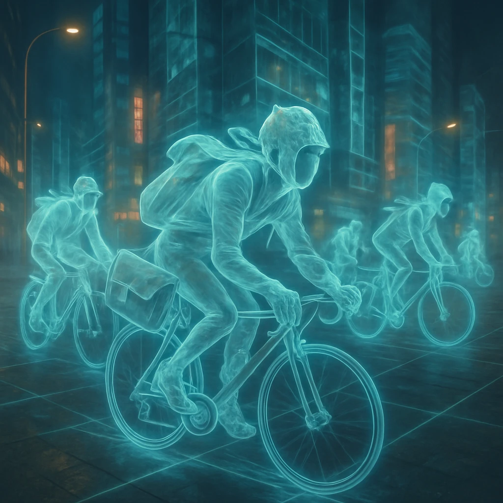 半透明の幽霊サイクリストたちが特製ヘルメットとサイクルバッグを身につけて近未来的な都市コースを駆け抜ける夜の写真。