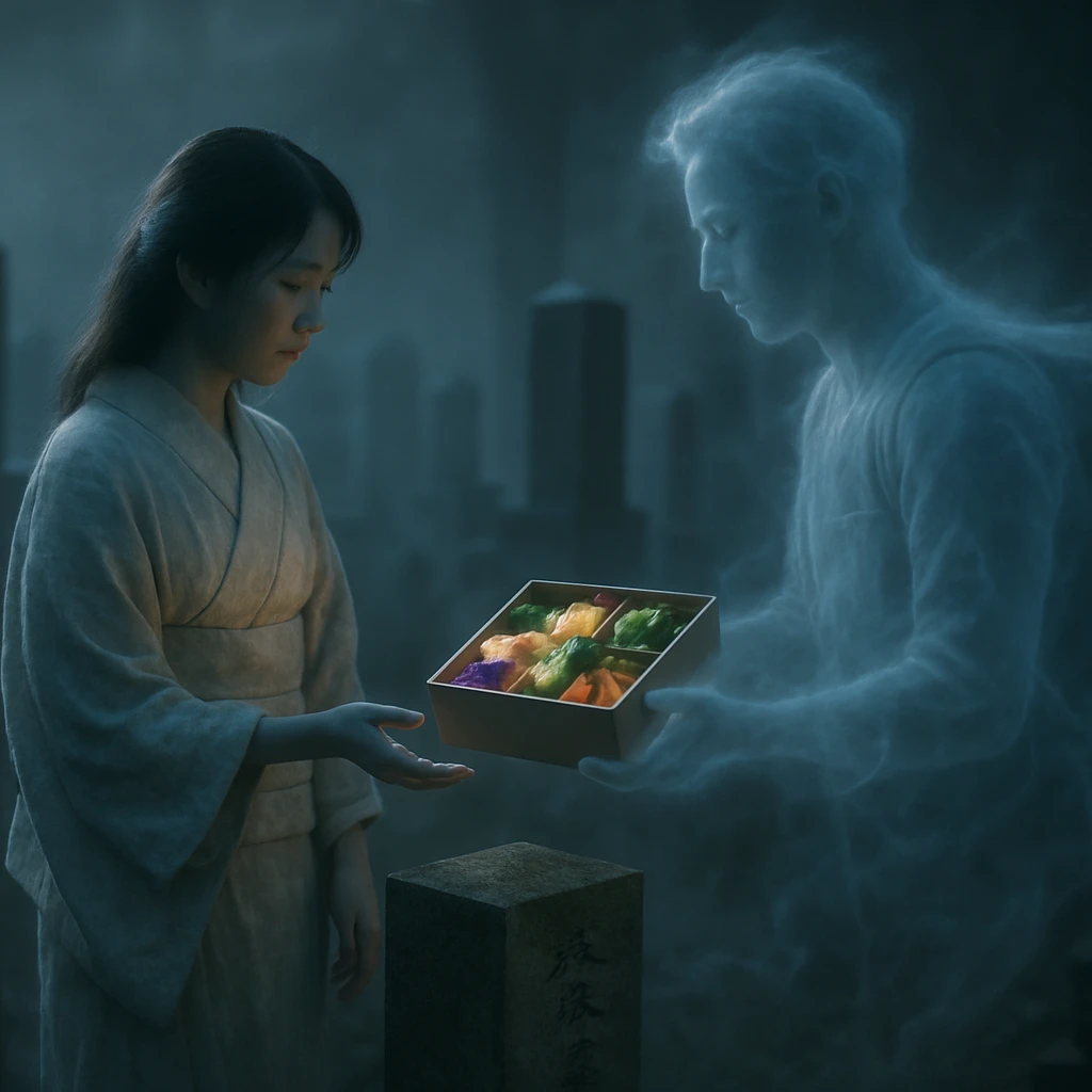 霧が立ち込める墓地で、和服姿の女性の幽霊が光る食品ボックスを受け取っている様子。