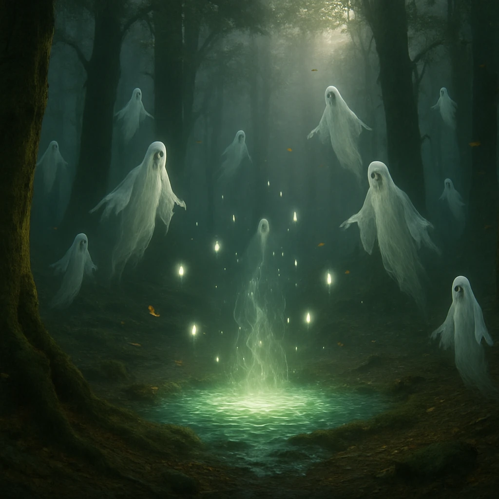 深い霧の森の中で、妖精のような幽霊たちが光る魂や落葉を不思議なバイオマスプールへと導いている様子。