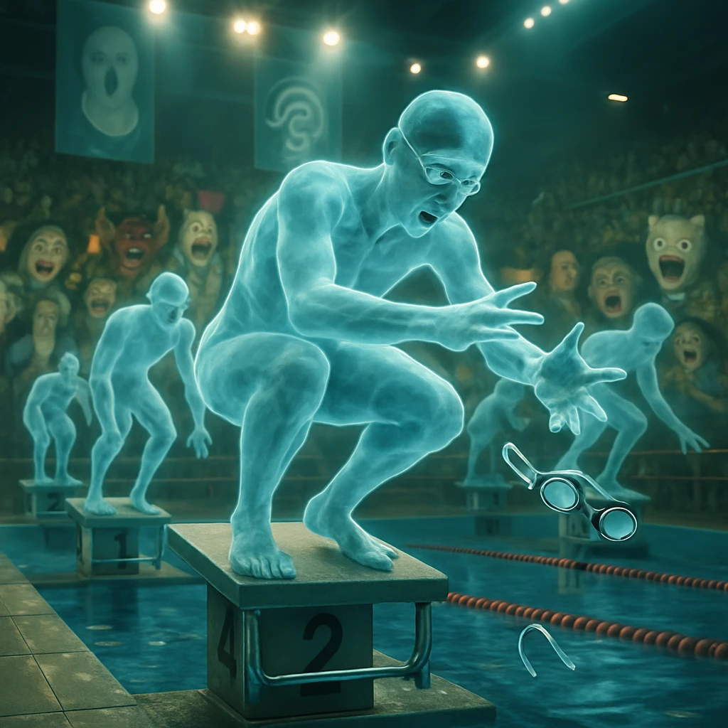 透明なゴーグルが手をすり抜けて床に落ちる幽霊の高校生水泳選手と驚く妖怪たちの観客席が映ったプール会場の様子。