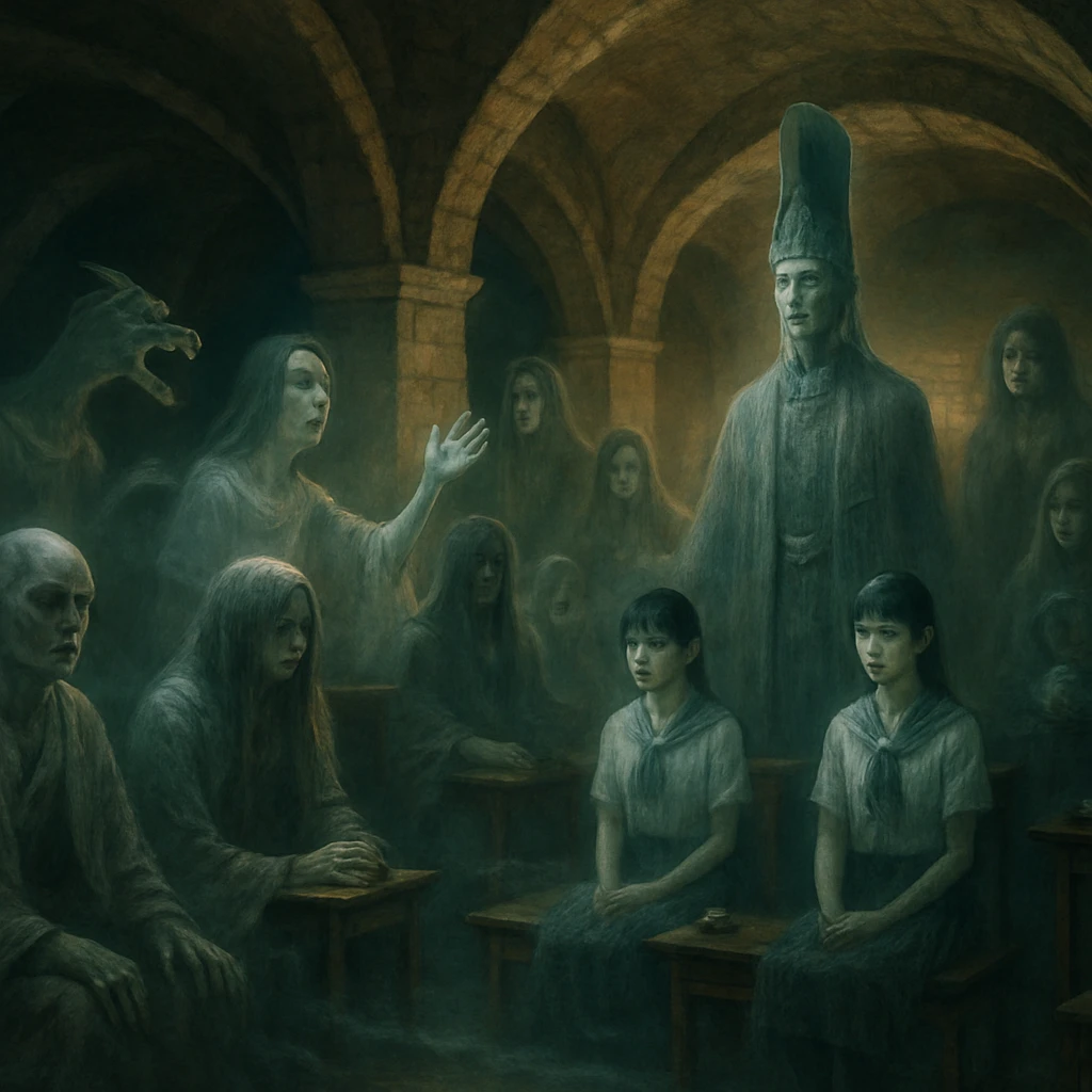 地下の荘厳な会堂で、さまざまな異界の住民たちが討論に参加している様子。