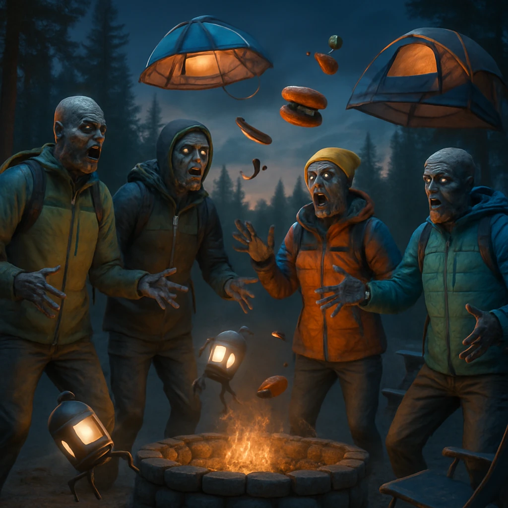 異界風のキャンプ場で最新アウトドアウェア姿のゾンビたちが透明な焚き火台を囲み、無人ランタンや椅子がパニック状態で動き回る様子。