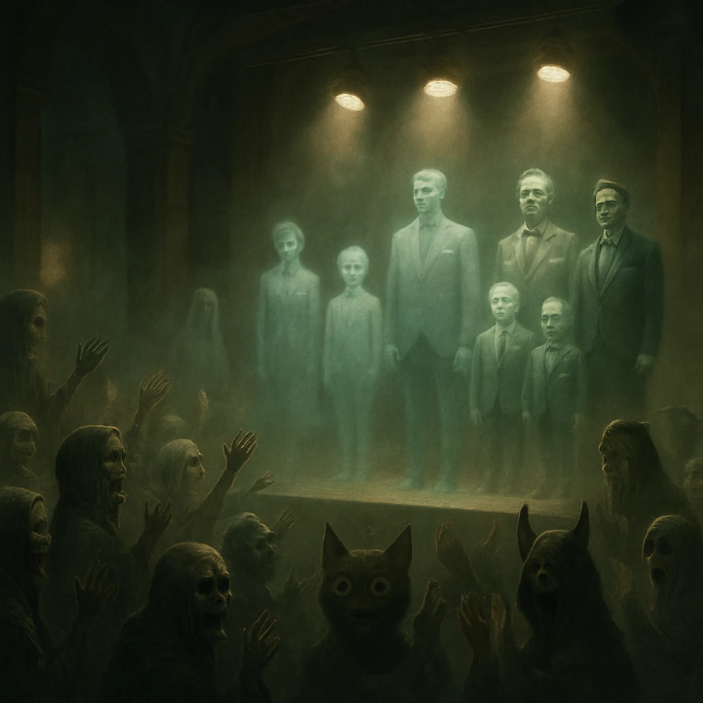 薄暗いホールで、ステージ上の精霊や幽霊が観客の死神や妖怪たちに賞賛されているシーンの写真。