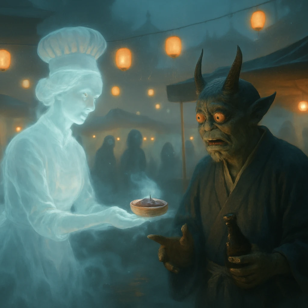 夕暮れの幻想的な広場で、幽霊のパティシエが妖怪の醸造師に霧状のタルトを手渡す様子を写したリアルな写真風画像。