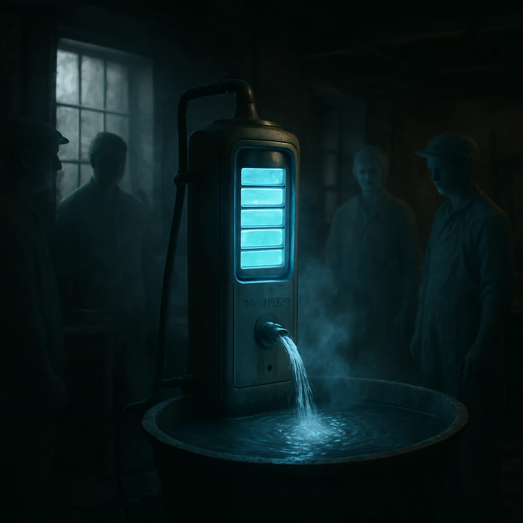 幽界の工房で青白く発光する近未来型浄水装置から澄んだ水が流れ、亡者の職人たちが見守っている写真。