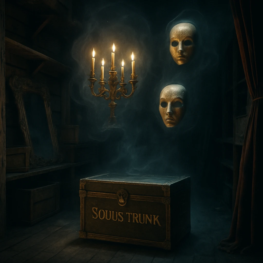 夜の舞台裏にある倉庫で、小道具の燭台や仮面、古いトランクが宙に浮かび、不気味に光っている様子を写した写真。