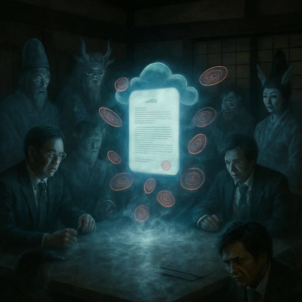 会議室で幽霊や妖怪たちが青白く光るクラウド契約書を囲んで議論している様子。