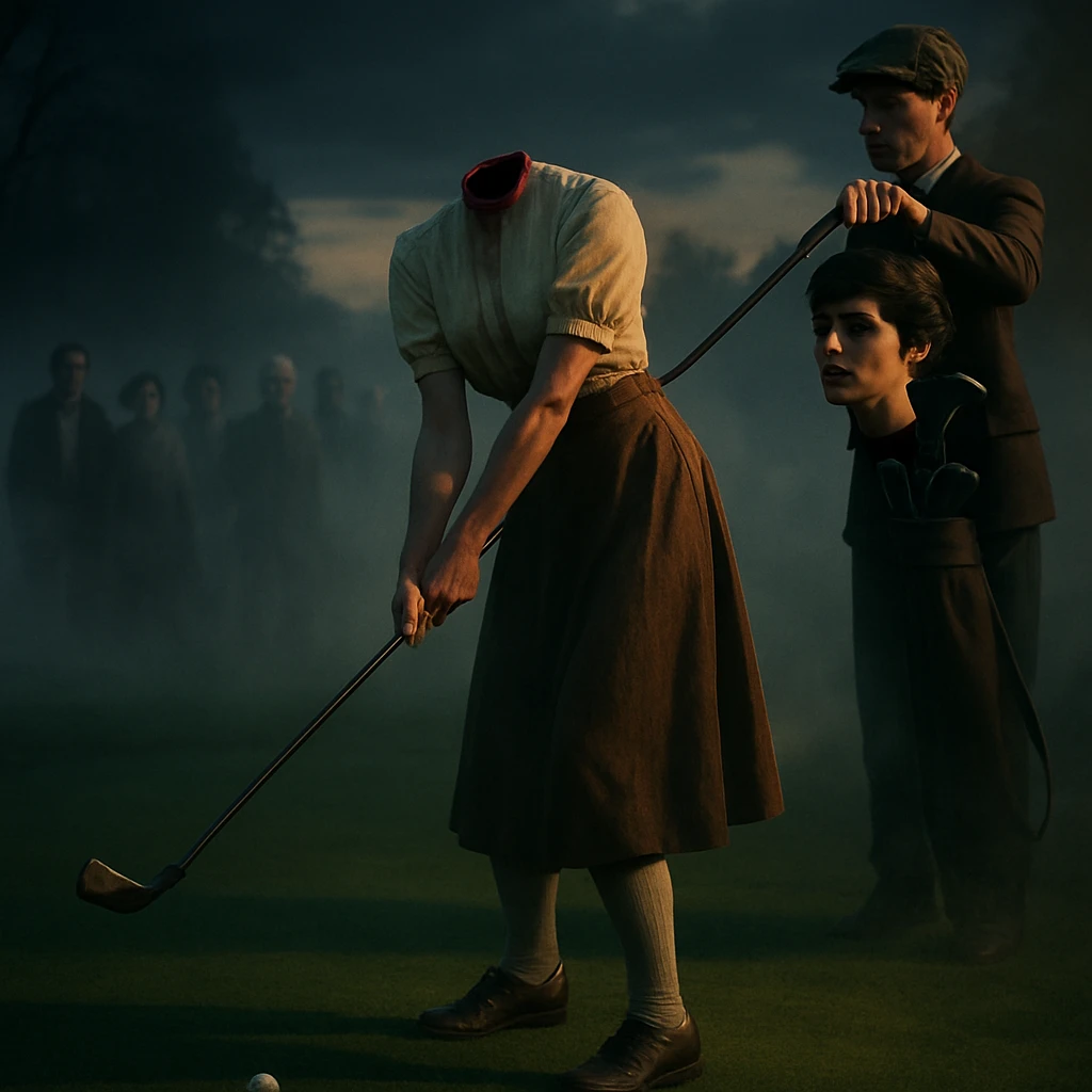 首のない女性ゴルファーが自身の頭部をクラブ代わりに構え、霧の中でショットを準備している幻想的なゴルフ場の様子。