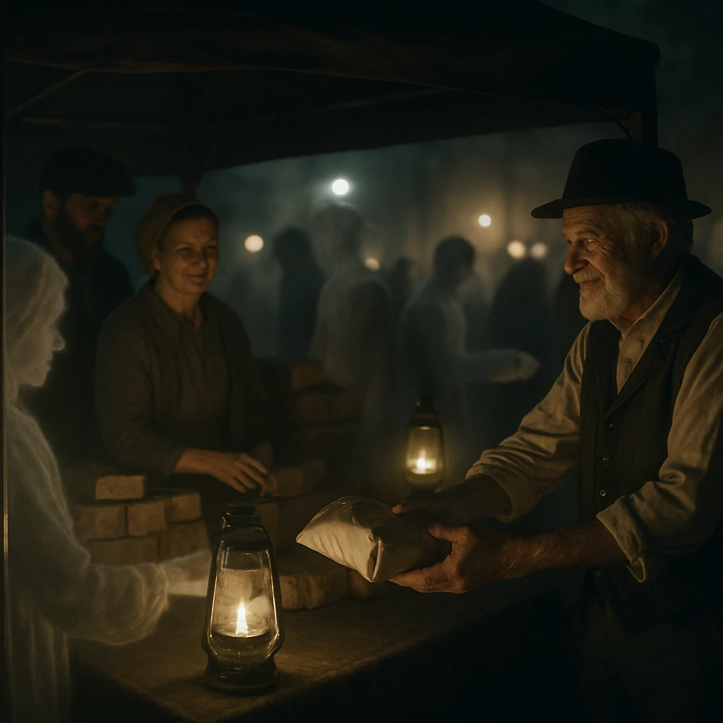 夜の市場で半透明の霊たちが控えめな屋台からフードパッケージを受け取るリアルな写真風の場面。