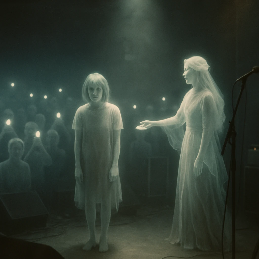 コンサートステージ上で一般の女性幽霊がスポットライトを浴びて中央に立ち、人気アイドルが脇で見守る様子を捉えた写真。