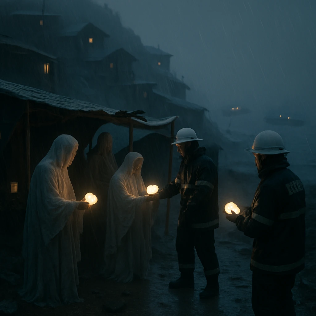 夜の崖沿い集落で雨風の中、避難する住民たちと救助隊員、背景に浮かぶ避難船が見える。