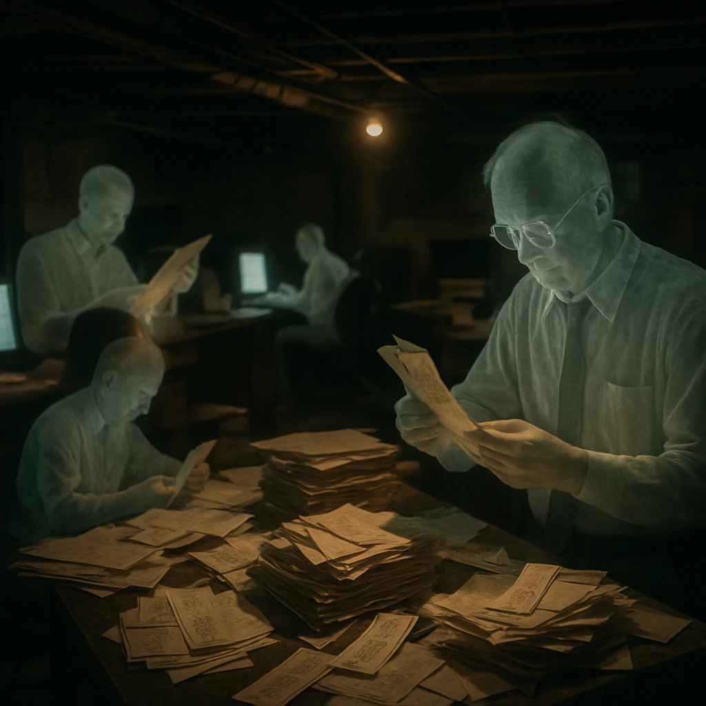 薄暗い庁舎地下室で幽霊職員たちが紙のお札を仕分け、デジタル端末の光が机上の書類と入り混じる様子の実写風写真。