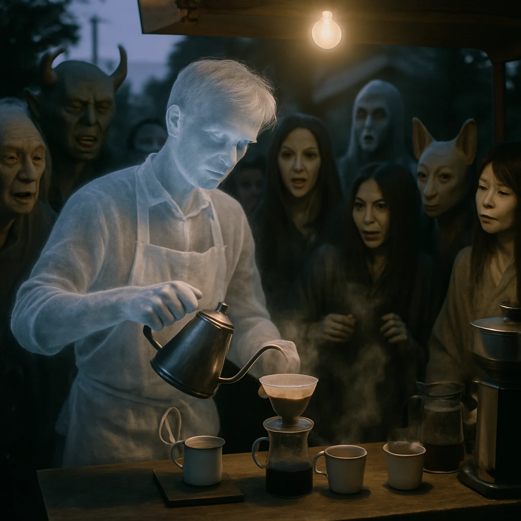 夕暮れ時、幽霊のバリスタが屋外のコーヒースタンドでハンドドリップコーヒーを淹れ、周囲には霊や妖怪たちが集まっている様子のリアルな写真。