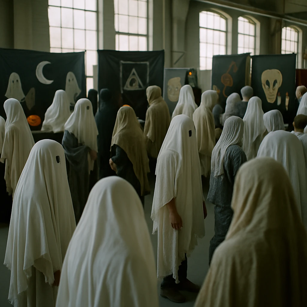 幽霊や精霊のような姿の人々が賑やかに交流する屋内のキャリア見本市会場の様子。