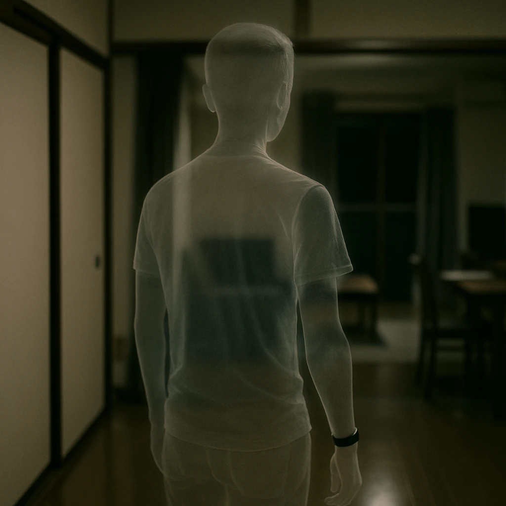 夜の日本のアパートの室内で、手首にバンド型デバイスをつけた透明な人影が立っている写真。