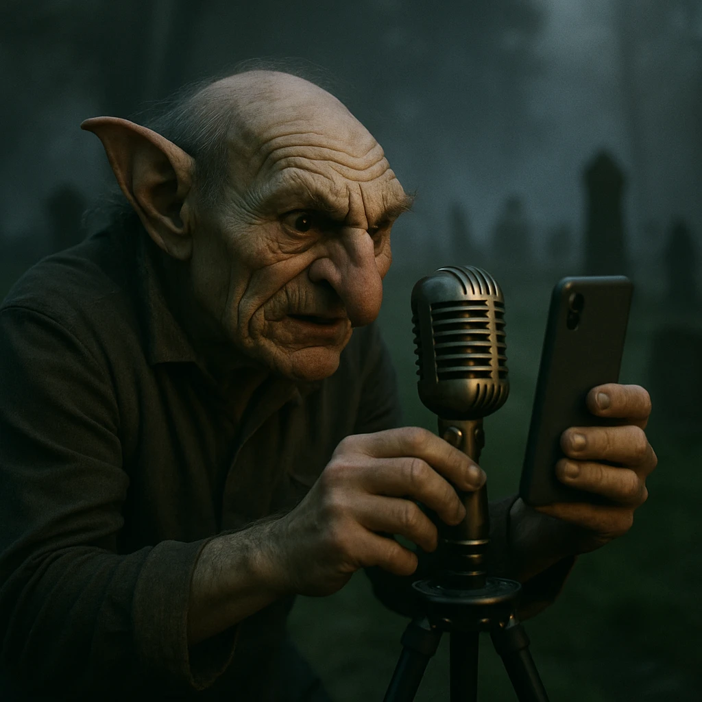 夜の墓地で、ゴブリンのクリエイターが古い遺物型マイクとスマートフォンを三脚に設置している様子のリアルな写真。