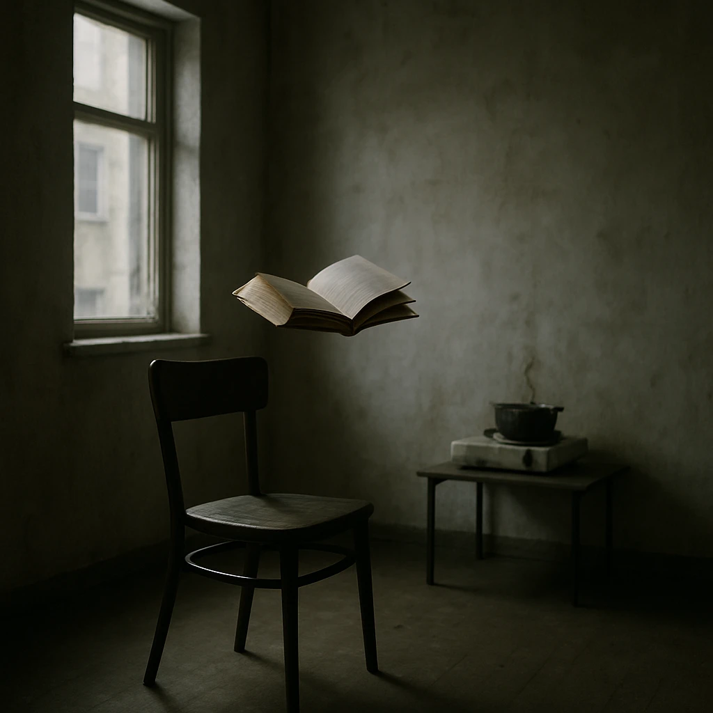 薄暗い部屋に三本足の椅子と一口コンロ、宙に浮く本だけが置かれたミニマルな空間の写真。