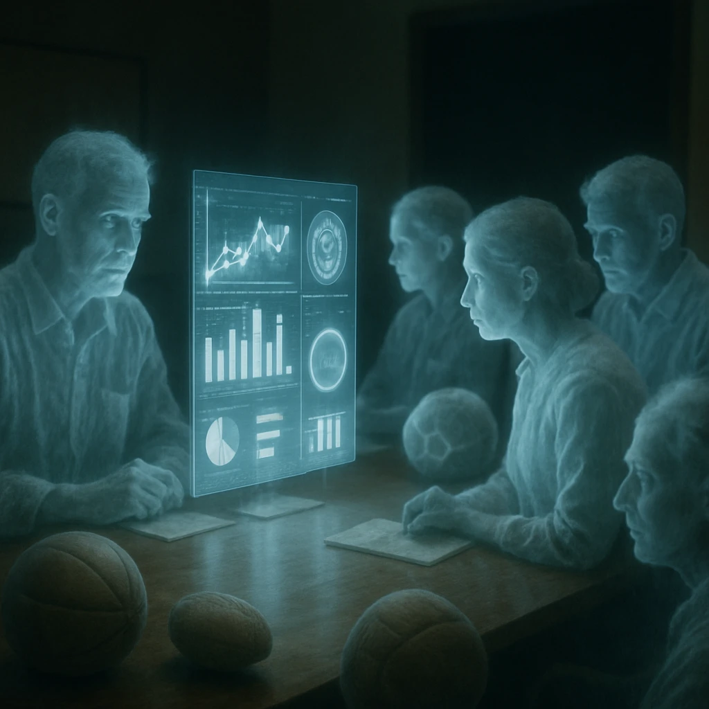 薄暗い会議室で、半透明の幽霊のような妖怪たちが浮遊するデータ画面を真剣な表情で分析している様子の写真。