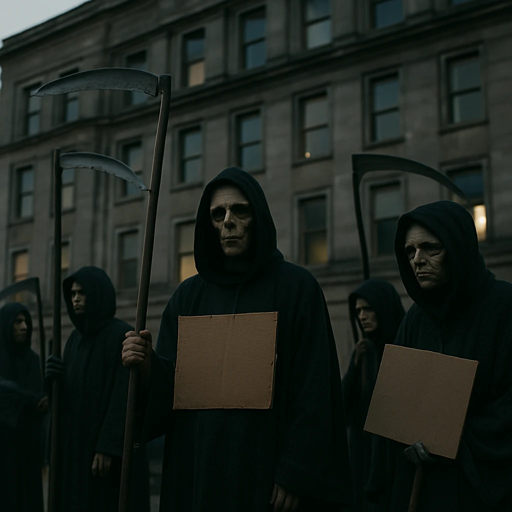 黒いローブ姿の死神たちが薄暗いオフィスビル前でストライキの看板を掲げ、疲れた表情で集まっている様子の写真。