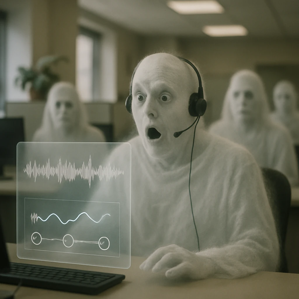 ヘッドセットをつけた幽霊のカスタマーサポート担当者が、感情グラフの出たディスプレイを見つめるオフィス風景。