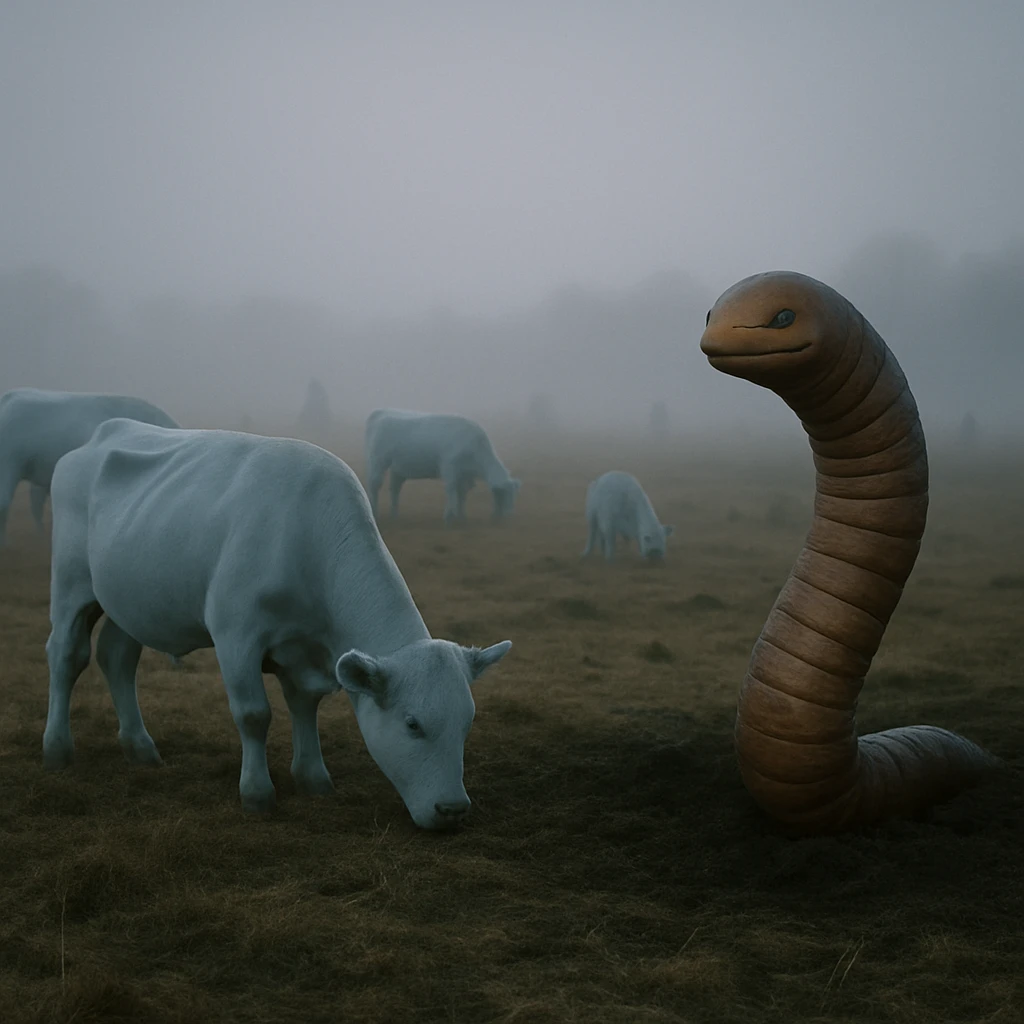 霧がかった荒野を半透明の水色の牛と巨大なミミズが並んで進む様子の写真。