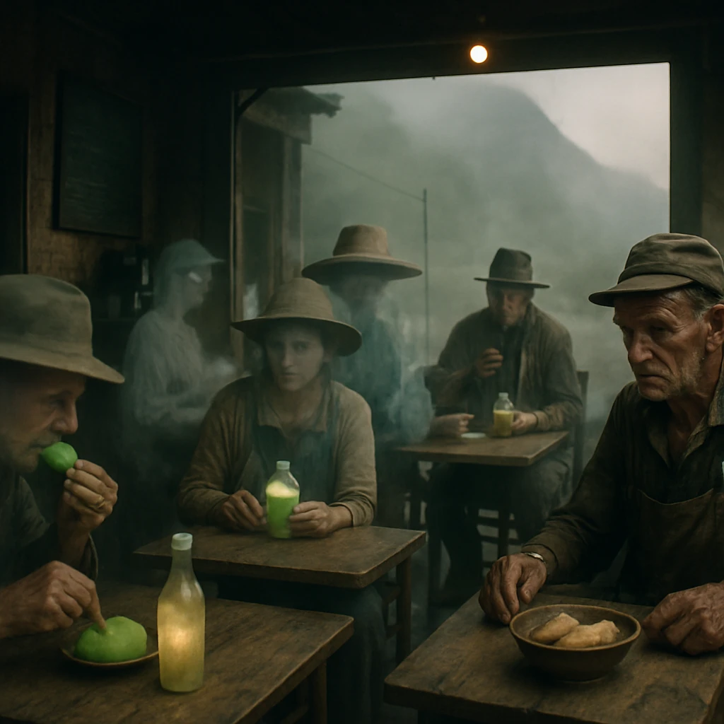 薄霧に包まれた山のふもとにあるカフェで、幽霊や妖怪の農業関係者と客らが木製テーブルを囲む様子のリアルな写真。