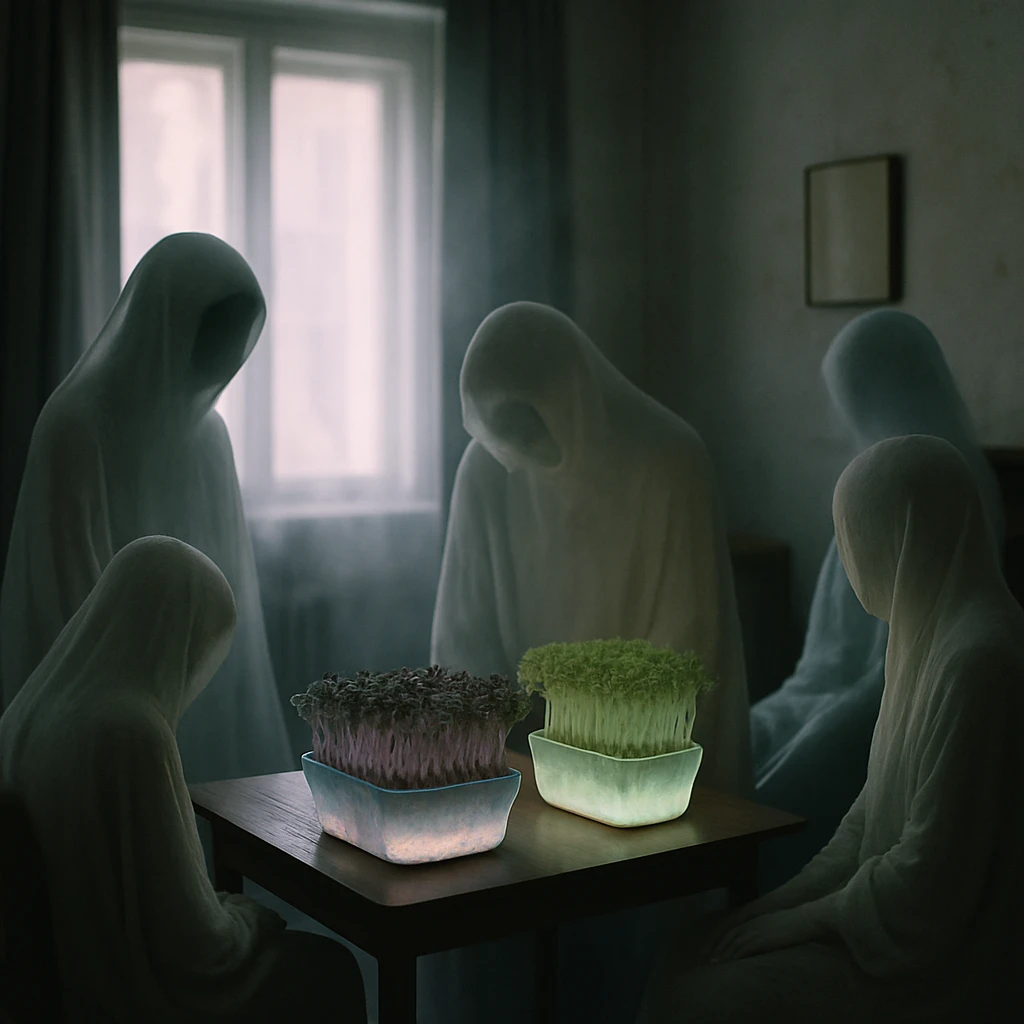 薄暗い団地の室内で、半透明の幽霊たちが光る鉢のマイクログリーンを囲んで育てている様子の写真です。