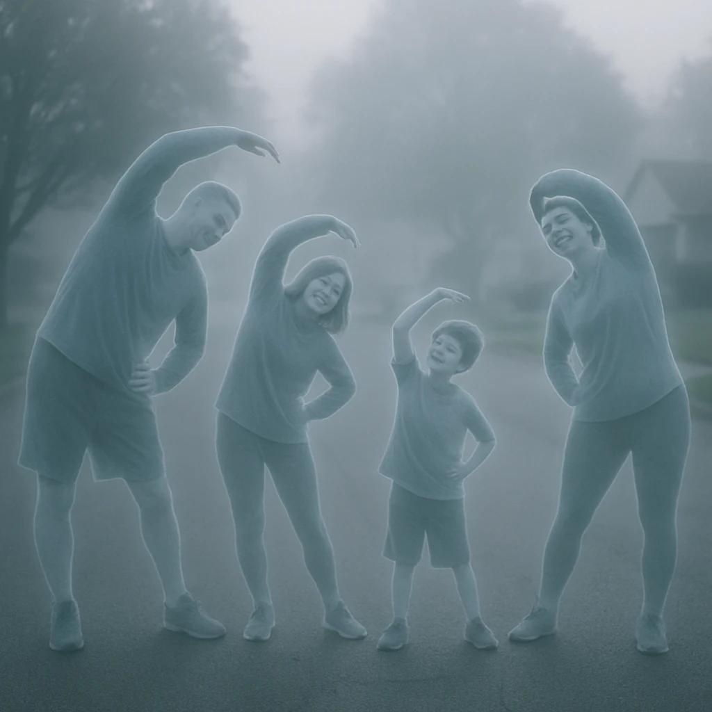 朝靄の住宅街で透明な4人家族が体操をする様子の写真。