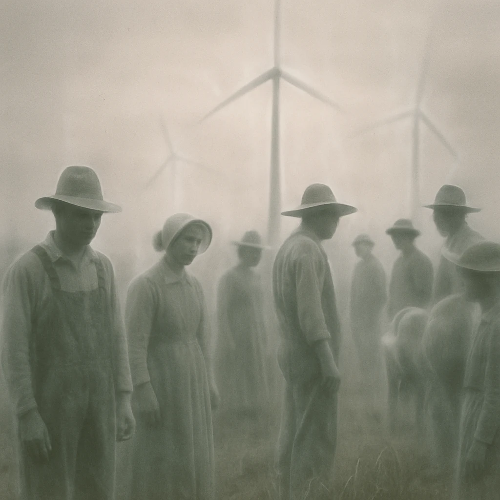 霧の立ちこめる幽玄な田園地帯で、伝統的な衣装を着た農民霊たちが巨大な風車を見つめている実写写真。
