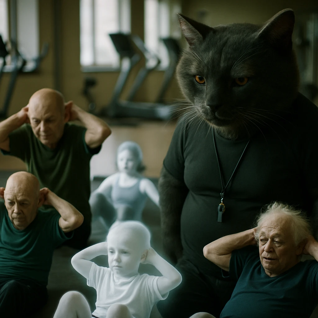 トレーニングウェア姿の妖怪や幽霊たちが大きな怪猫トレーナーの指導で腹部運動をするジムの一場面。