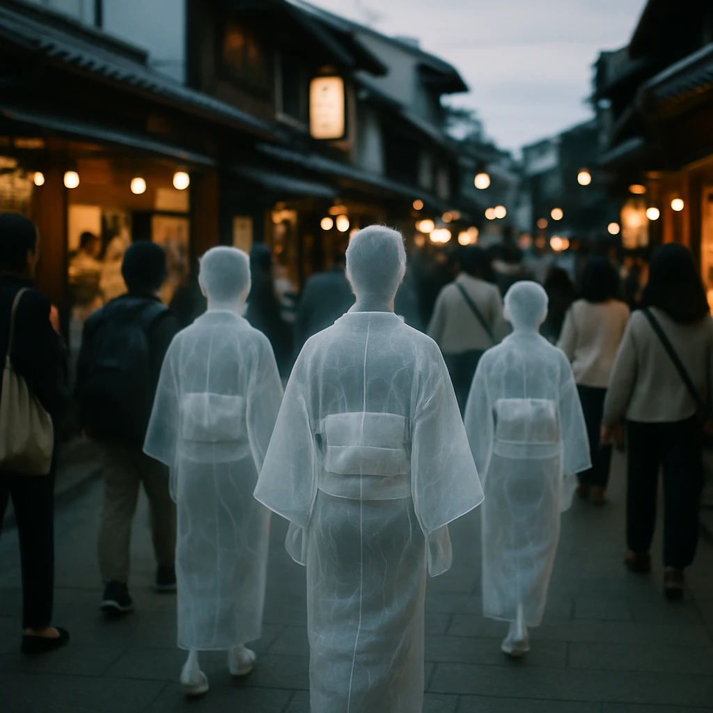薄い半透明の和服を着た複数の幽霊が夕暮れの日本の商店街で佇む写真です。