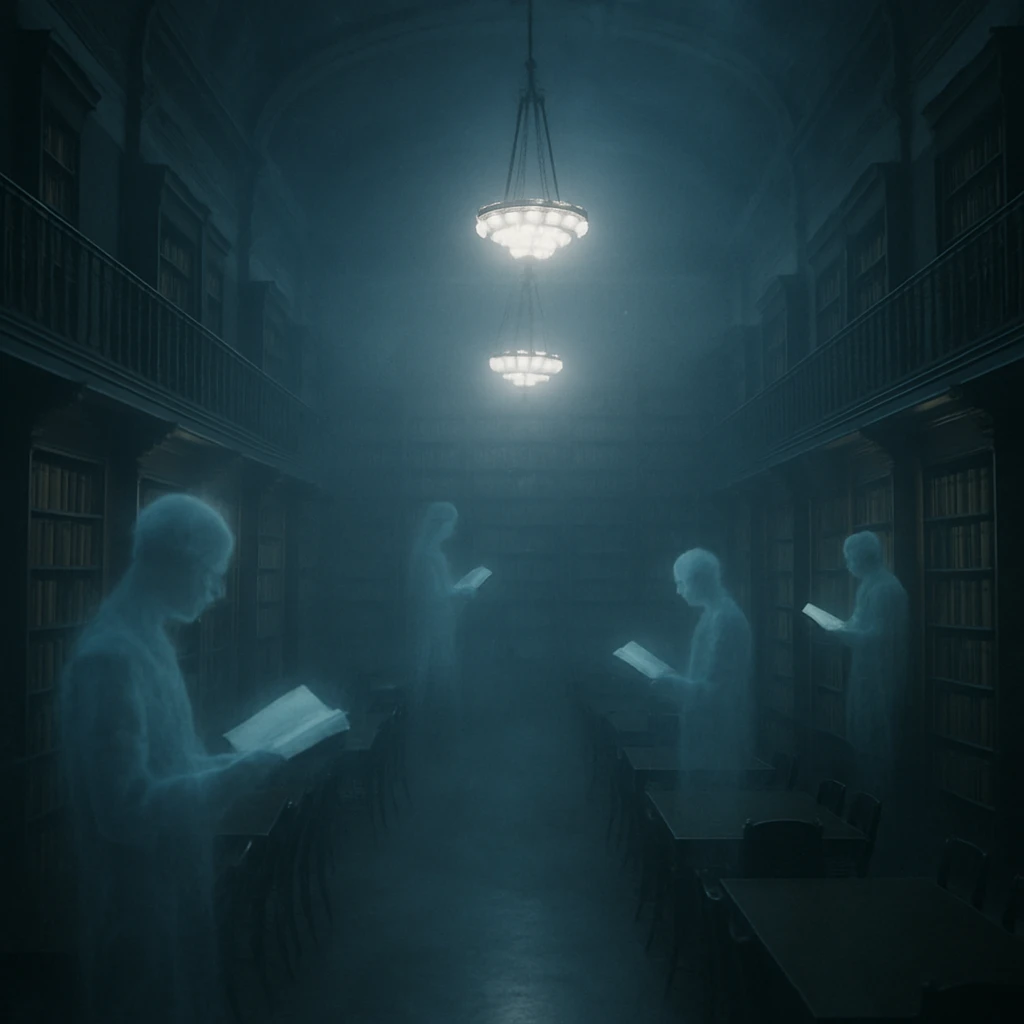 幽かな霧と共に浮遊し読書を楽しむ幽霊たちが集う図書館内部の夜景写真。