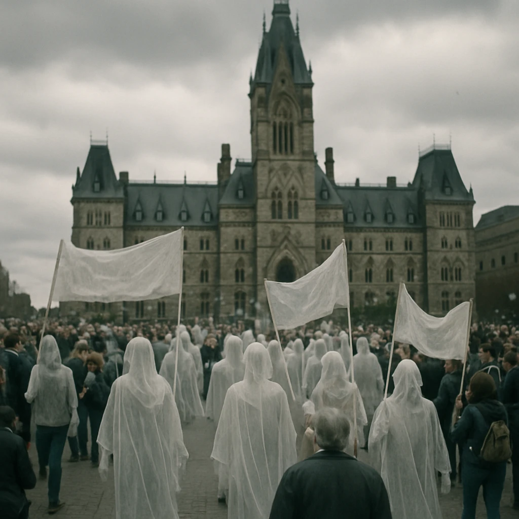 議会前の広場で半透明の幽霊たちが旗を振りながらデモ行進している写真。