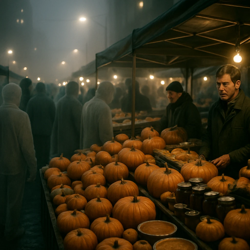 霧の立ち込める夜の市場で、幽霊のような人々がかぼちゃやパンプキン製品を買い求める様子のリアルな写真。