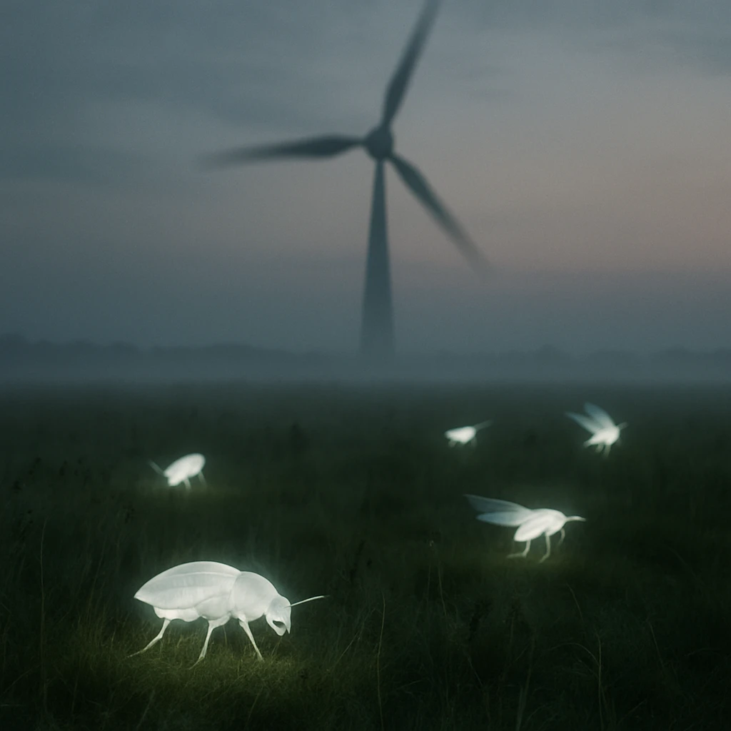 霧がかった草原に巨大な風力タービンと幻想的に発光するカブトムシ型の幽霊昆虫が散在する様子のリアルな写真。
