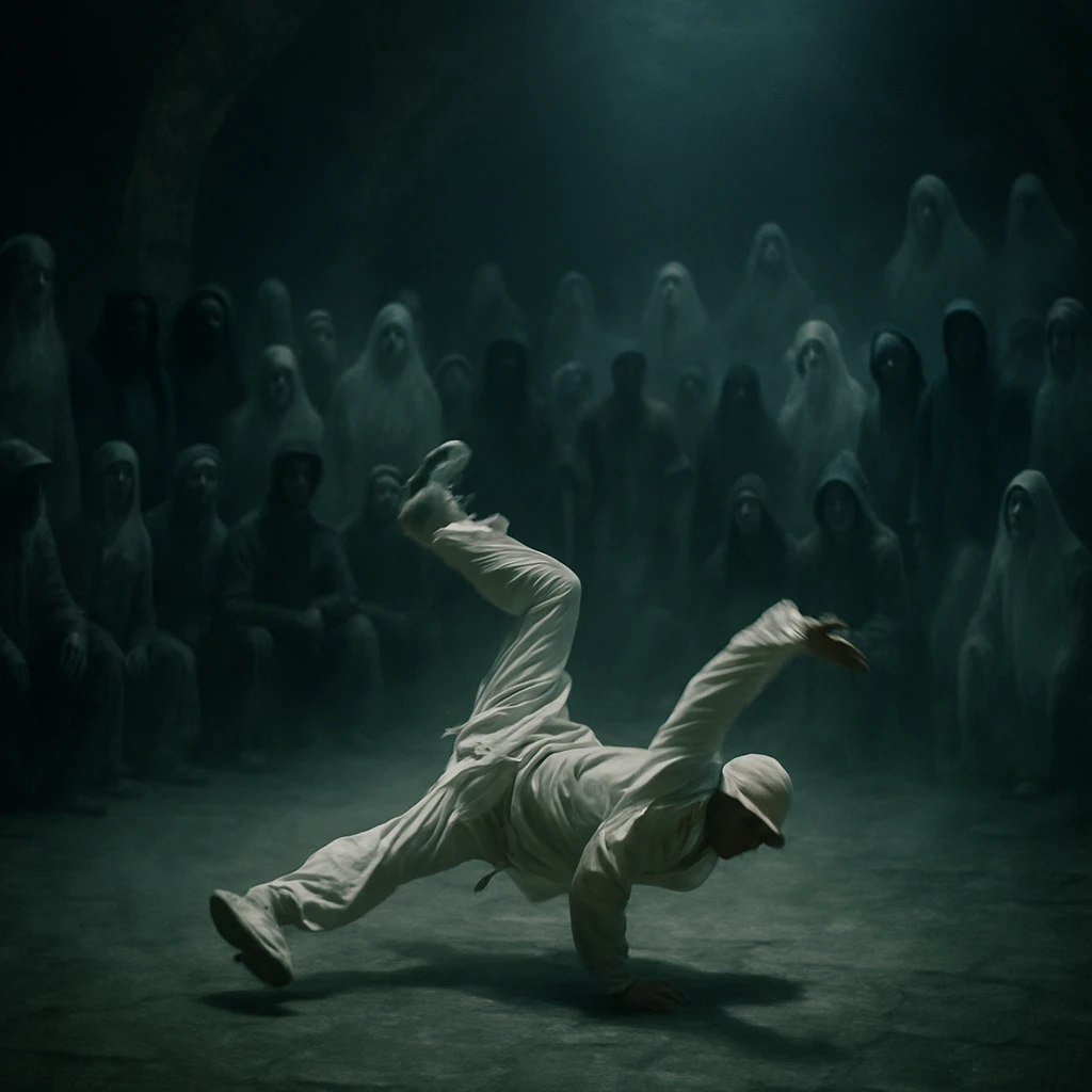 薄暗い地下競技場で白装束のダンサーが霧がかった床の上でアクロバティックな技を披露し、周囲を幽霊や異形の観客たちが取り囲んでいる写真。