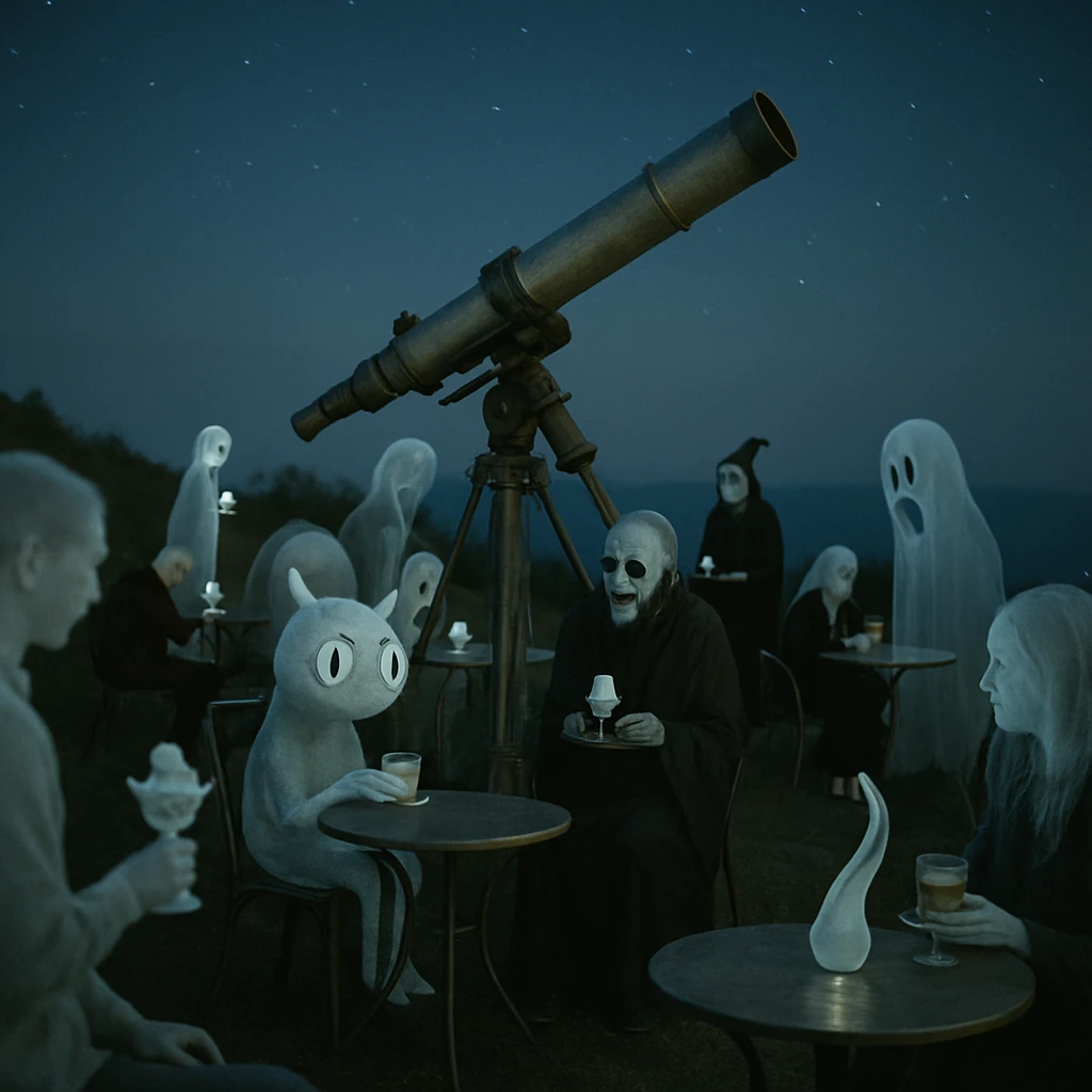 星見ヶ丘の草原に集まった幽霊や妖怪たちが、望遠鏡を囲みながら夜空を眺めている様子の写真。