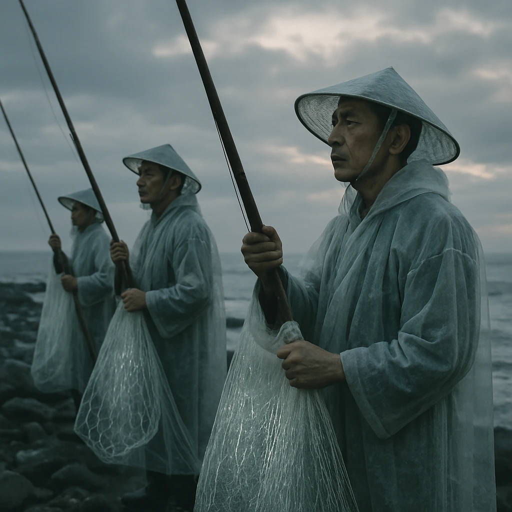 朝もやの黄泉浜で巨大な釣竿と網を構えた幽霊漁師たちが空を見上げている写真。