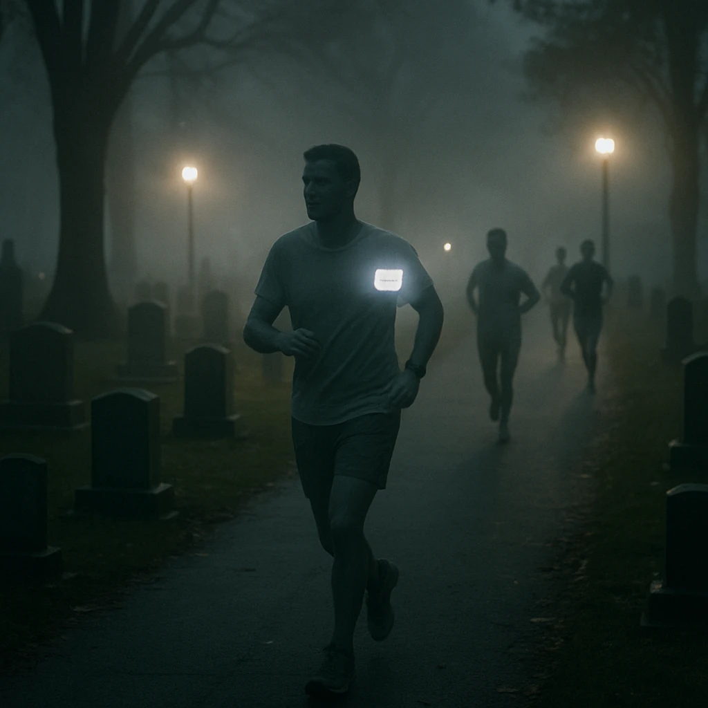 夜の墓地公園で霧の中、ランニングウェア姿の幽霊たちが墓石の間を走っている写真。